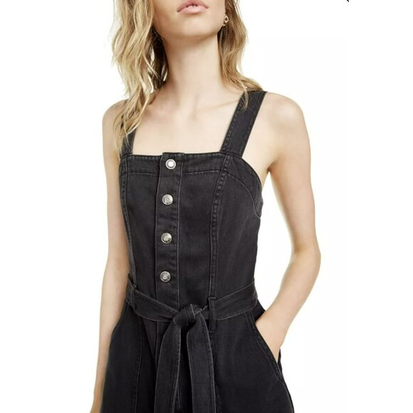 Oat Black Volcano Side Slit Denim Overalls Jumpsuit Sz 12 NWT - Picture 2 of 8